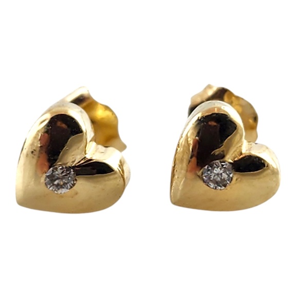 Estate Jewelry - 14 Karat Yellow Gold Diamond Heart Stud Earrings #19178